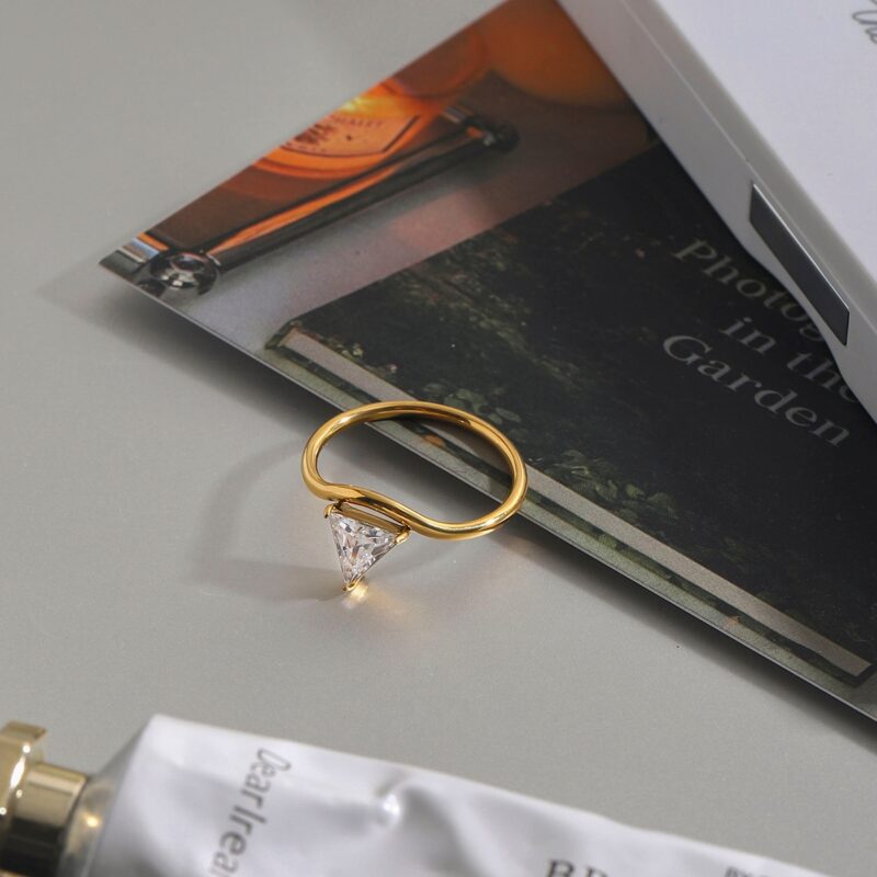 Trendy Geometric Zircon Ring - 18K Gold Plated Stainless Steel Wave Band, Triangle Cut Simple Luxury Jewelry - Image 2