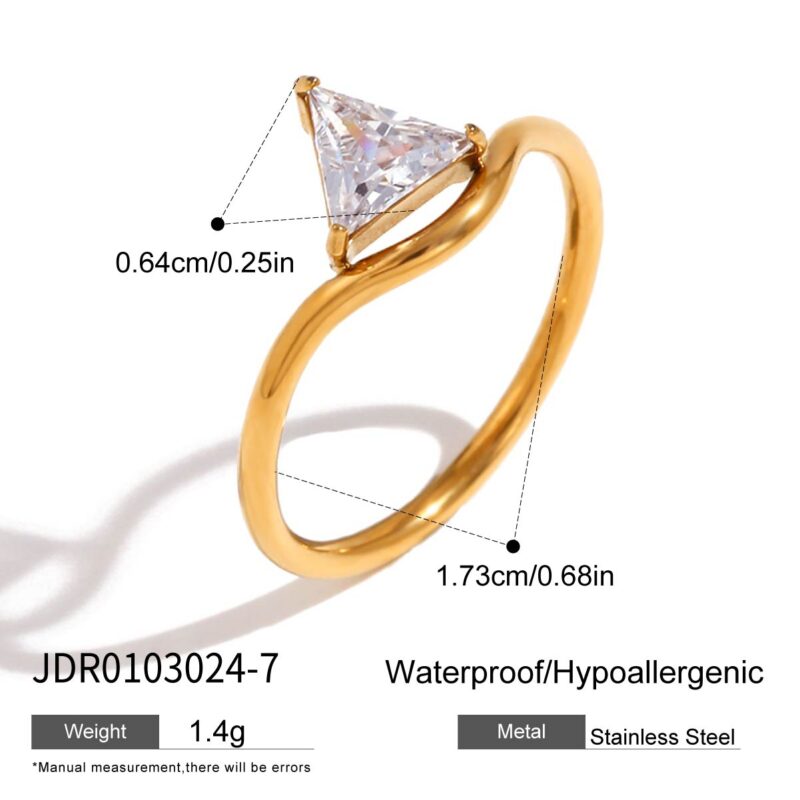 Trendy Geometric Zircon Ring - 18K Gold Plated Stainless Steel Wave Band, Triangle Cut Simple Luxury Jewelry - Image 6
