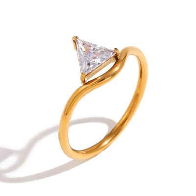 Trendy Geometric Zircon Ring - 18K Gold Plated Stainless Steel Wave Band, Triangle Cut Simple Luxury Jewelry