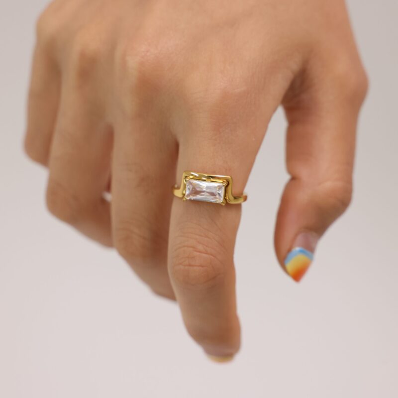Rectangle Zircon Ring - 18K Gold Plated Titanium Steel, Minimalist Fashion Jewelry for Women - Image 3