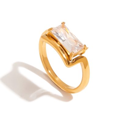 Rectangle Zircon Ring - 18K Gold Plated Titanium Steel, Minimalist Fashion Jewelry for Women