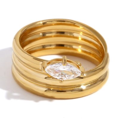 18K Gold Plated Marquise Zircon Ring - Multi-Layer Stainless Steel Elegant Jewelry for Women