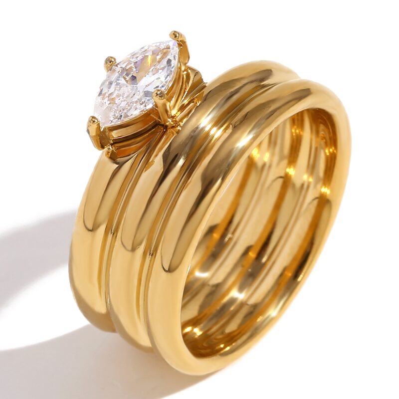 18K Gold Plated Marquise Zircon Ring - Multi-Layer Stainless Steel Elegant Jewelry for Women - Image 2