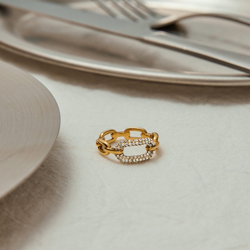 J&D Fashion Rings Jewelry Classic Style 18K Gold Plated Rings Stainless Steel Zircon Oval White Zircon Link Closed Strap Ring - Image 2
