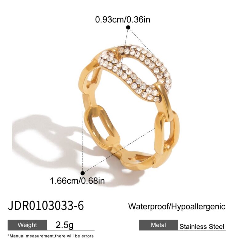 J&D Fashion Rings Jewelry Classic Style 18K Gold Plated Rings Stainless Steel Zircon Oval White Zircon Link Closed Strap Ring - Image 5