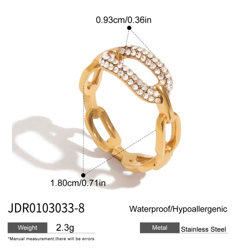 J&D Fashion Rings Jewelry Classic Style 18K Gold Plated Rings Stainless Steel Zircon Oval White Zircon Link Closed Strap Ring - Image 7