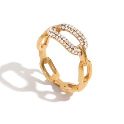 J&D Fashion Rings Jewelry Classic Style 18K Gold Plated Rings Stainless Steel Zircon Oval White Zircon Link Closed Strap Ring