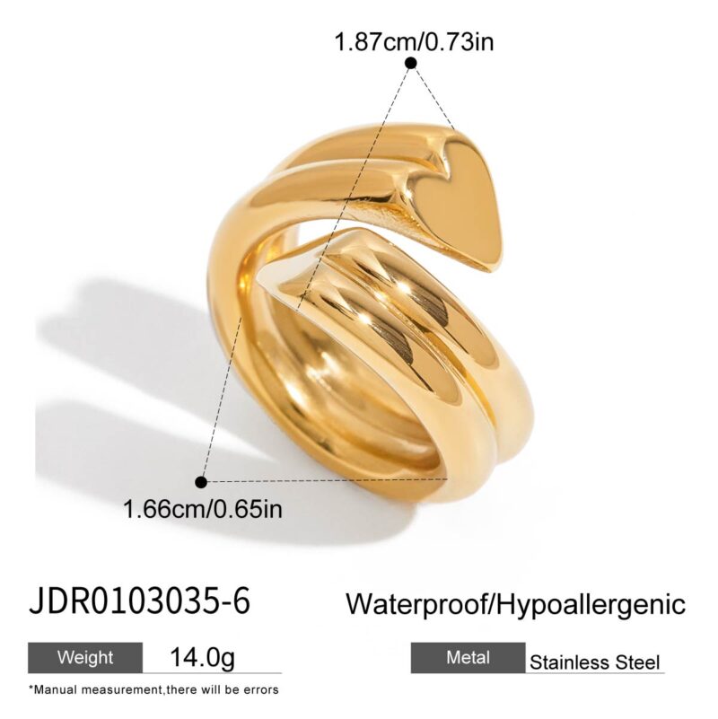 18K Gold Stainless Steel Double-Layer Ring - Ribbed Heart Open Band Classic Jewelry for Women - Image 5