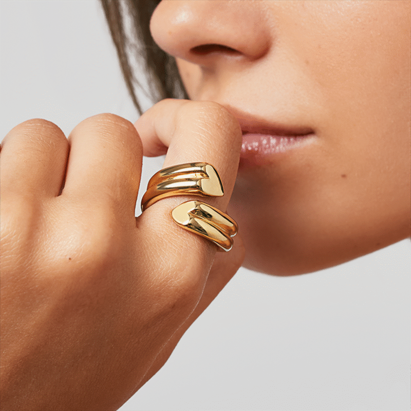 18K Gold Stainless Steel Double-Layer Ring - Ribbed Heart Open Band Classic Jewelry for Women - Image 4