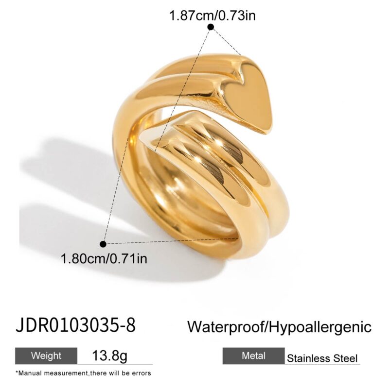 18K Gold Stainless Steel Double-Layer Ring - Ribbed Heart Open Band Classic Jewelry for Women - Image 8