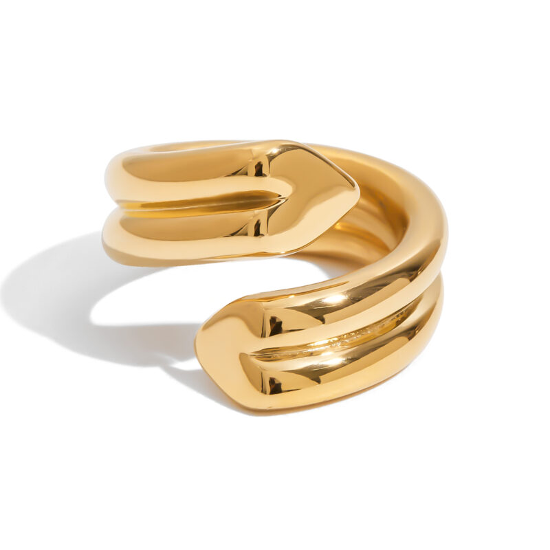 18K Gold Stainless Steel Double-Layer Ring - Ribbed Heart Open Band Classic Jewelry for Women - Image 2