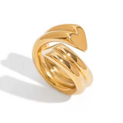 18K Gold Stainless Steel Double-Layer Ring - Ribbed Heart Open Band Classic Jewelry for Women