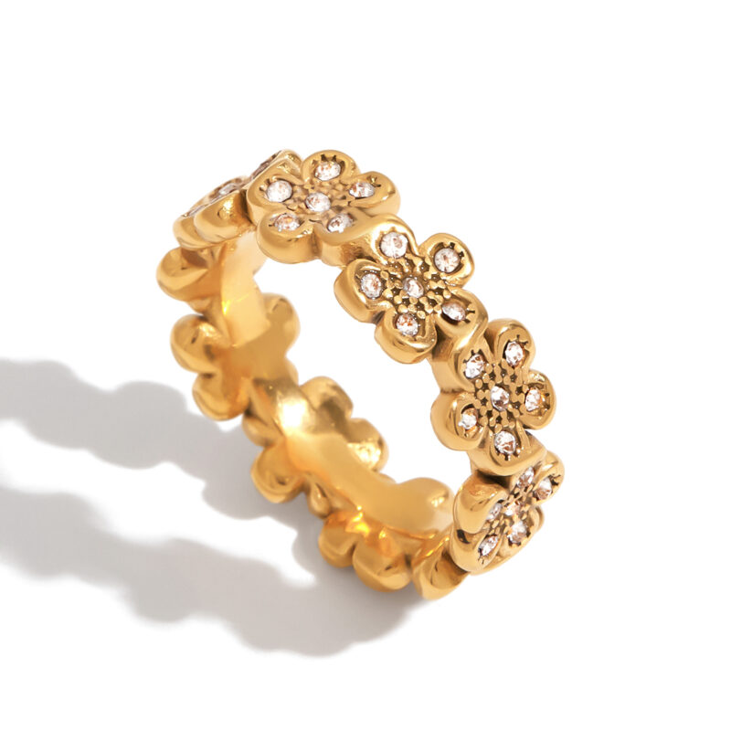 Women's Elegant 18K Gold Stainless Steel Flower Link Diamond Ring