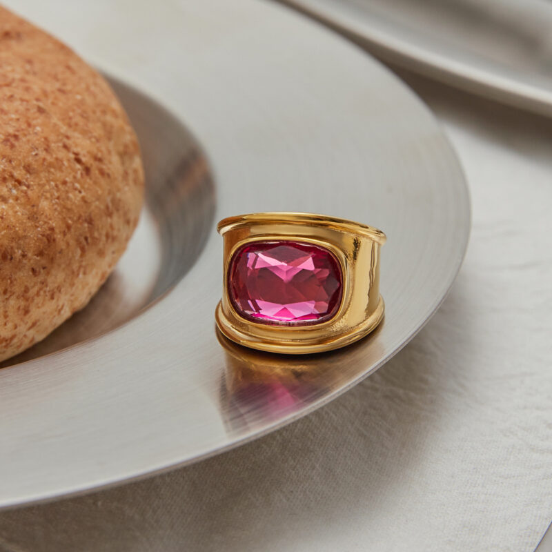J&D 18k Gold Stainless Steel Tarnish Free Waterproof Hypoallergenic Chunky Hot Pink Zircon Ring - Image 2
