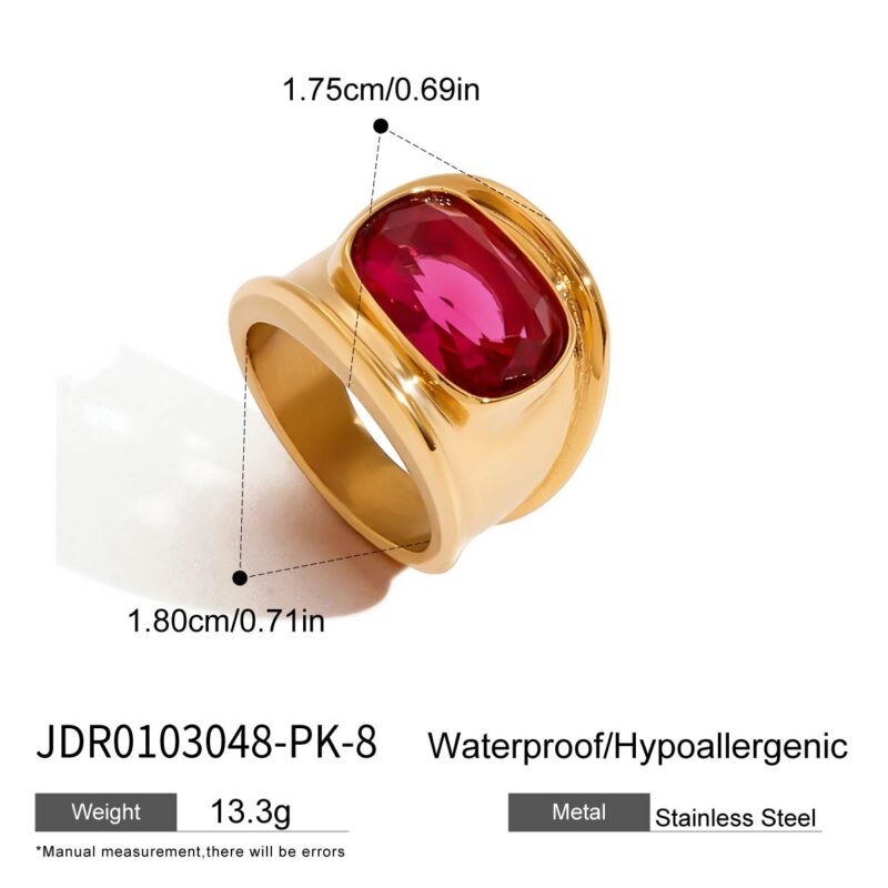 J&D 18k Gold Stainless Steel Tarnish Free Waterproof Hypoallergenic Chunky Hot Pink Zircon Ring - Image 6