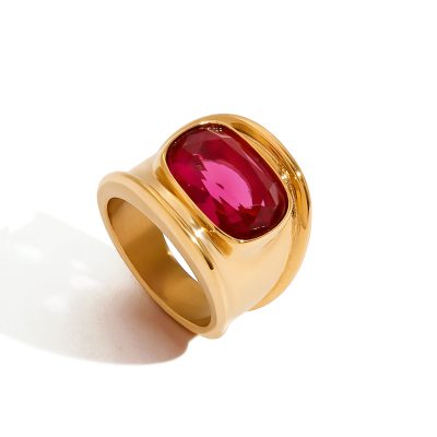 J&D 18k Gold Stainless Steel Tarnish Free Waterproof Hypoallergenic Chunky Hot Pink Zircon Ring