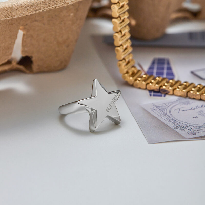 Modern Minimalist Steel Color Engraved Star Ring - Image 2