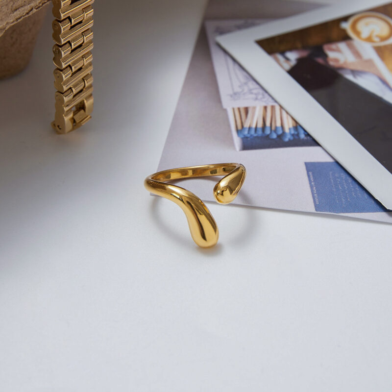 18K Gold Stainless Steel Teardrop Ring - Smooth Adjustable Open Band for Women - Image 2