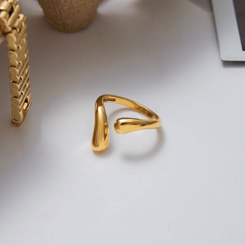 18K Gold Stainless Steel Teardrop Ring - Smooth Adjustable Open Band for Women - Image 4