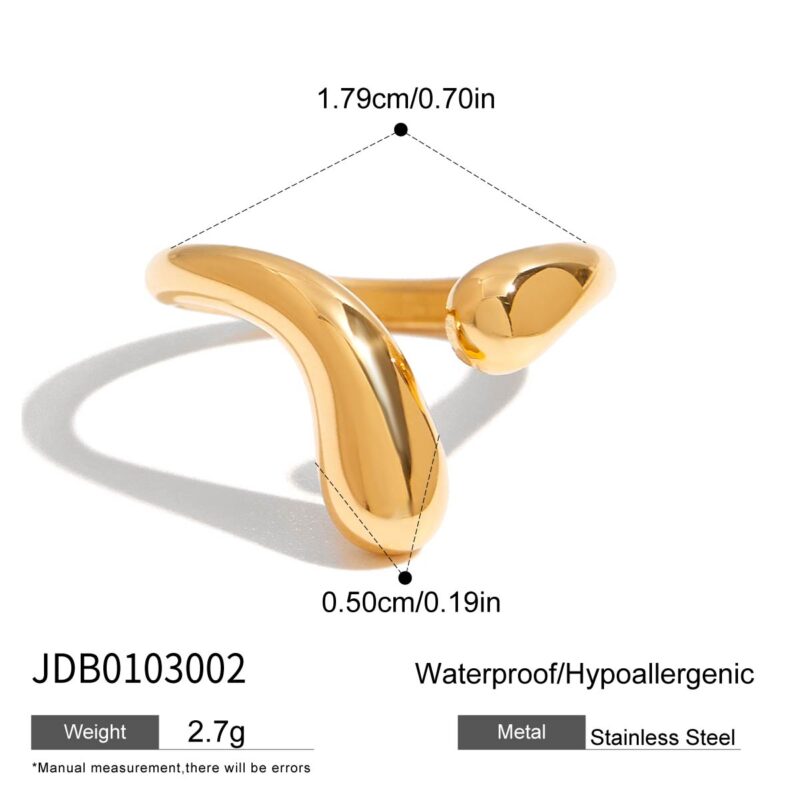 18K Gold Stainless Steel Teardrop Ring - Smooth Adjustable Open Band for Women - Image 6
