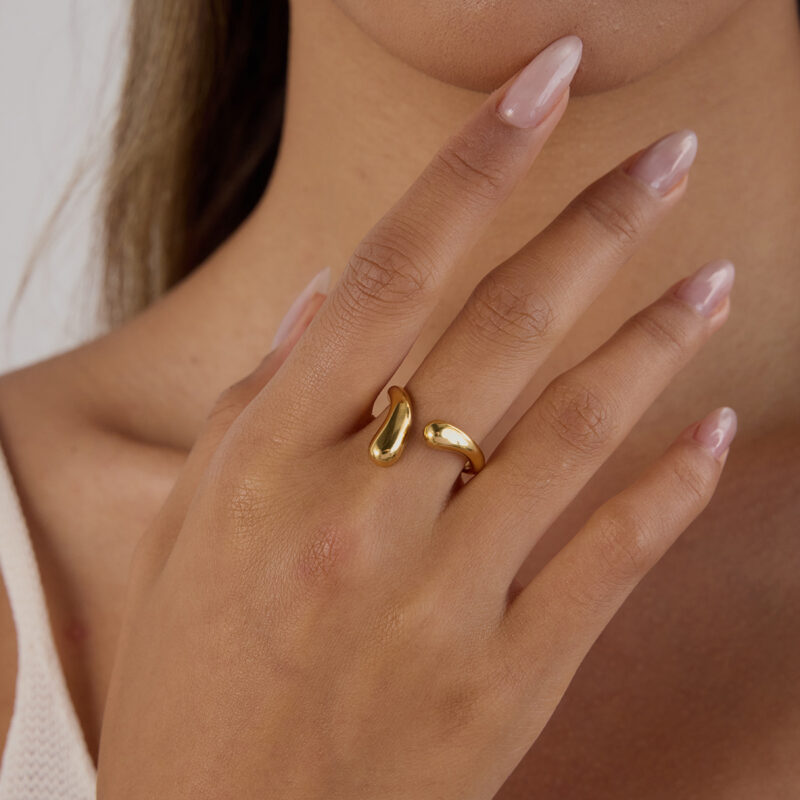 18K Gold Stainless Steel Teardrop Ring - Smooth Adjustable Open Band for Women - Image 5