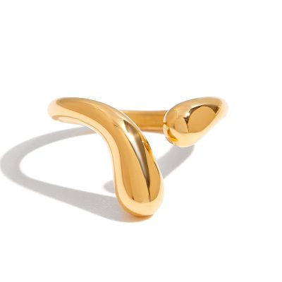 18K Gold Stainless Steel Teardrop Ring - Smooth Adjustable Open Band for Women