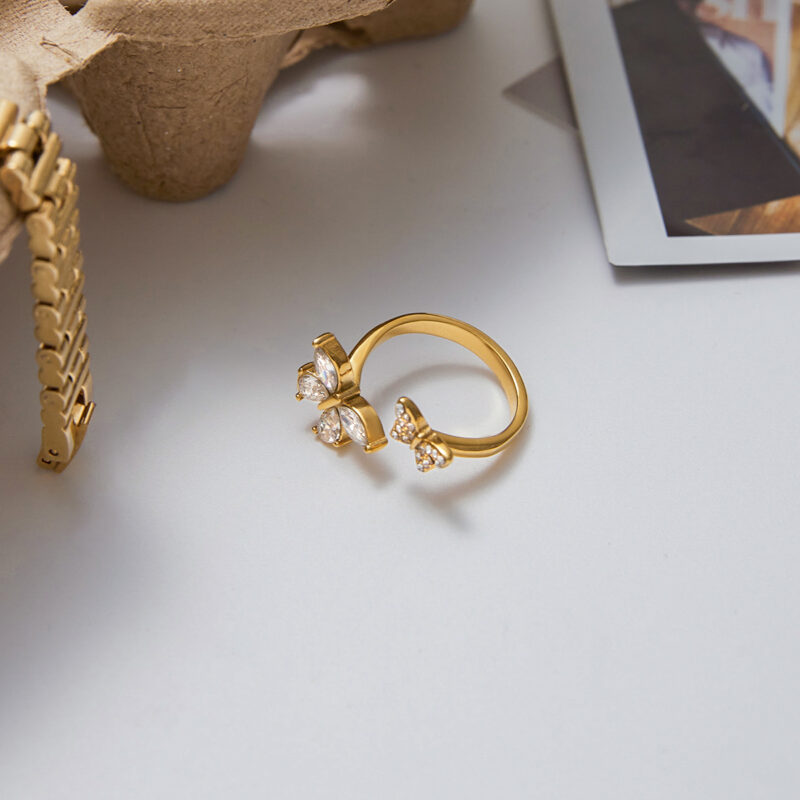 Sweet Romantic 18K Gold Stainless Steel Adjustable Butterfly Open Ring with White Zirconia & Diamonds for Women - Image 2