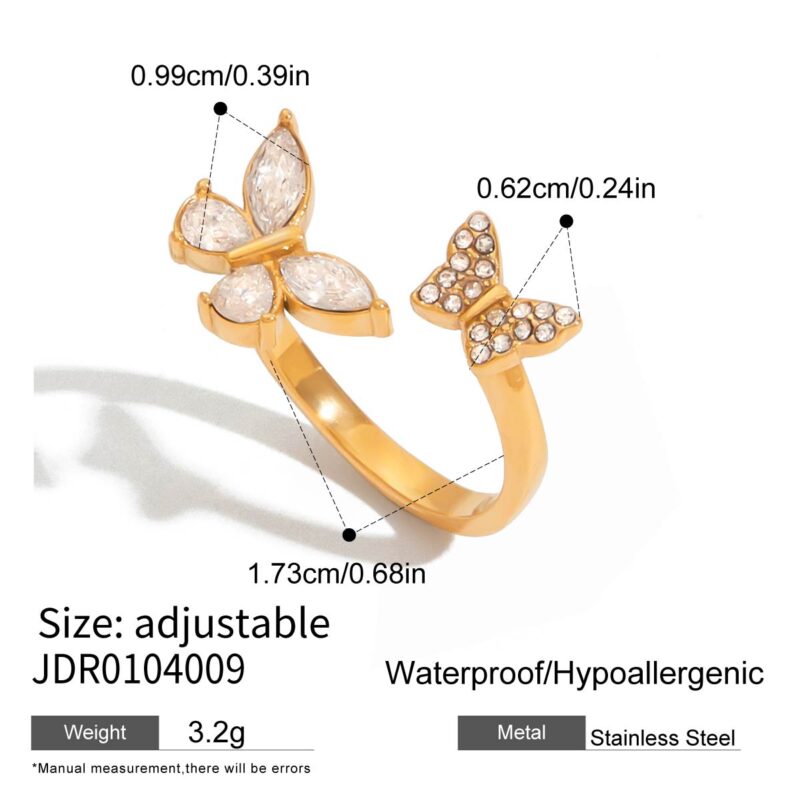 Sweet Romantic 18K Gold Stainless Steel Adjustable Butterfly Open Ring with White Zirconia & Diamonds for Women - Image 5