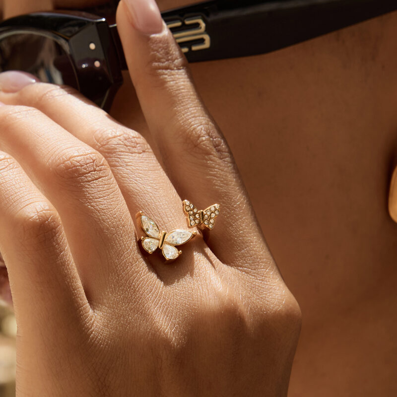 Sweet Romantic 18K Gold Stainless Steel Adjustable Butterfly Open Ring with White Zirconia & Diamonds for Women - Image 4