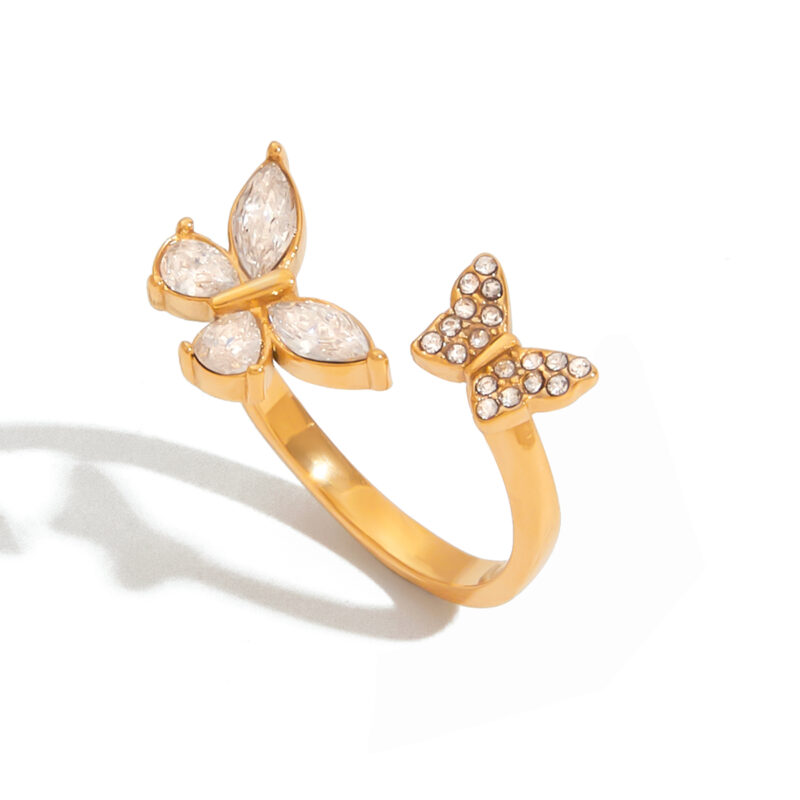 Sweet Romantic 18K Gold Stainless Steel Adjustable Butterfly Open Ring with White Zirconia & Diamonds for Women
