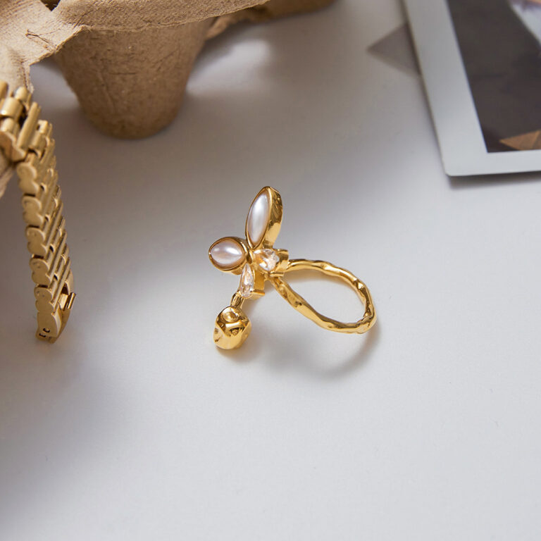 Sweet Romantic 18K Gold Stainless Steel Butterfly Open Ring with Pearl & Zirconia - Diamond Accent Dainty Jewelry for Women - Image 3