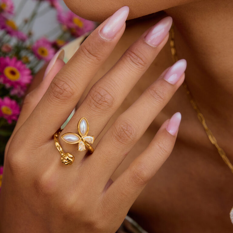 Sweet Romantic 18K Gold Stainless Steel Butterfly Open Ring with Pearl & Zirconia - Diamond Accent Dainty Jewelry for Women - Image 5