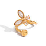 Sweet Romantic 18K Gold Stainless Steel Butterfly Open Ring with Pearl & Zirconia - Diamond Accent Dainty Jewelry for Women