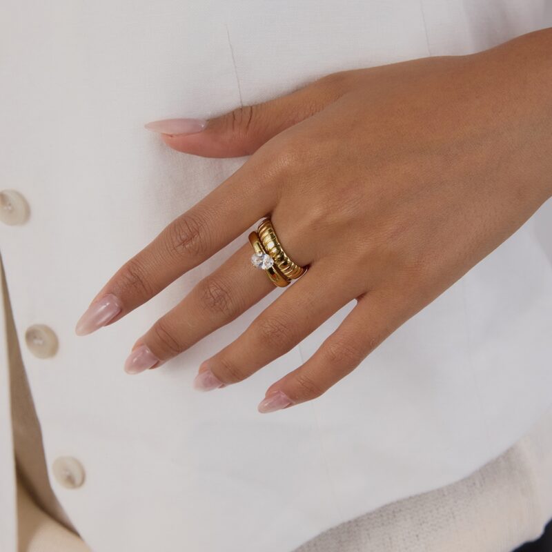 J&D Minimalist Stainless Steel Hollow-Out Floral Geometric Open Ring White Zircon Hypoallergenic Stackable EverydayJewelry - Image 3