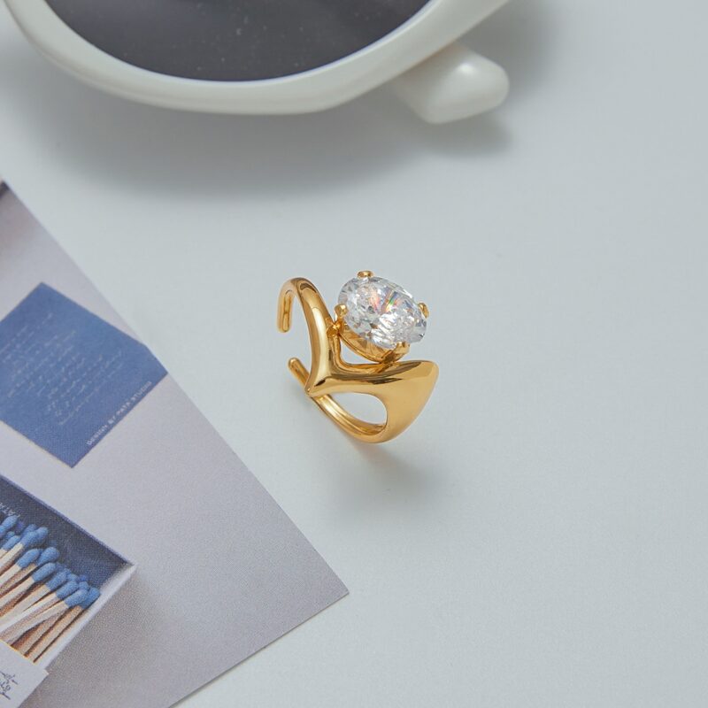 J&D Minimalist Stainless Steel Hollow-Out Floral Geometric Open Ring White Zircon Hypoallergenic Stackable EverydayJewelry - Image 2