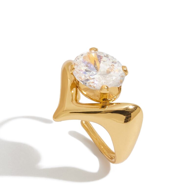 J&D Minimalist Stainless Steel Hollow-Out Floral Geometric Open Ring White Zircon Hypoallergenic Stackable EverydayJewelry