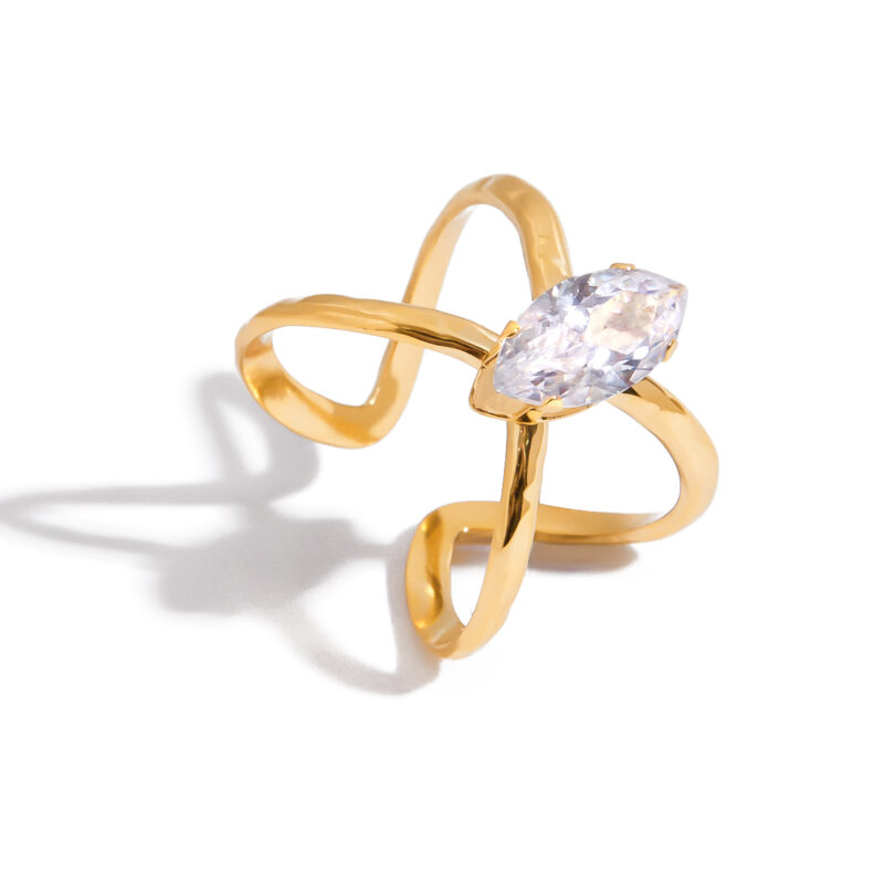Modern Minimalist Women's 18K Gold Hammered Cross Hollow Zircon Geometric Ring - Image 2