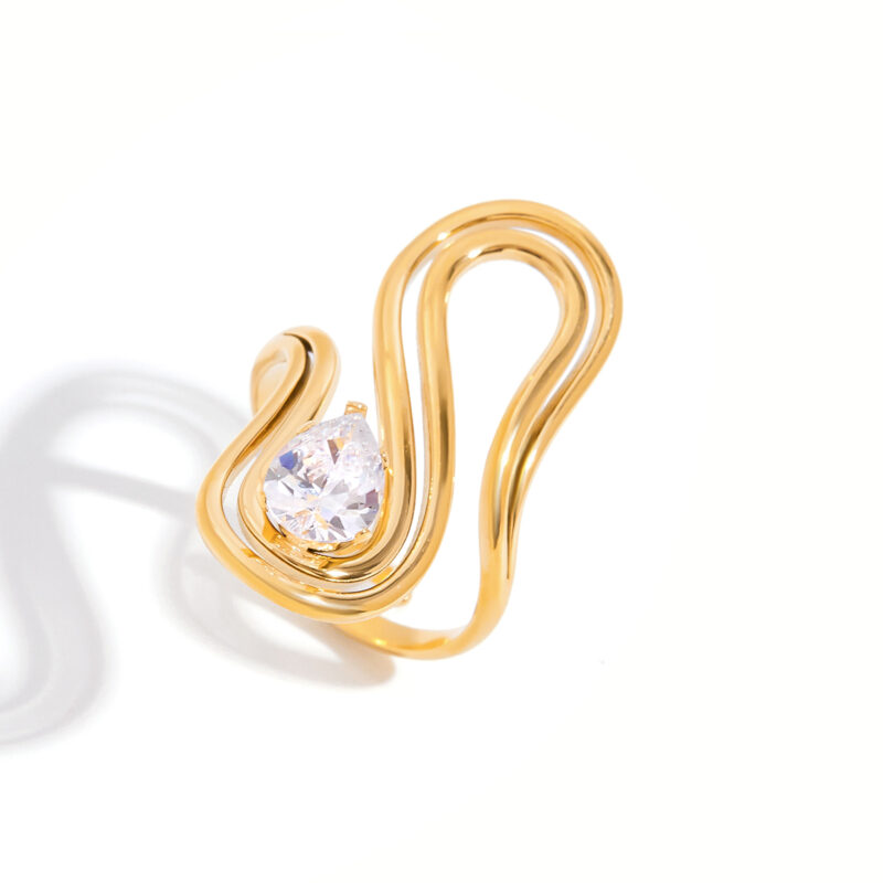 Modern Minimalist Women's 18K Gold Double Hollow S-Shape Zircon Geometric Ring - Image 2