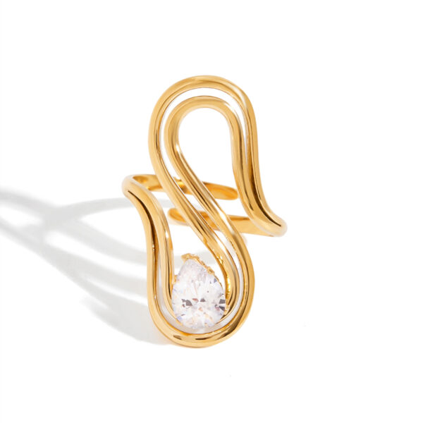Modern Minimalist Women's 18K Gold Double Hollow S-Shape Zircon Geometric Ring