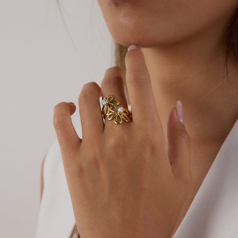 J&D Minimalist Stainless Steel Hollow-Out Floral Geometric Open Ring White Zircon Hypoallergenic Stackable EverydayJewelry - Image 5