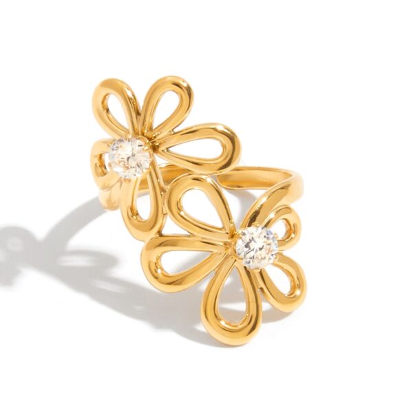 J&D Minimalist Stainless Steel Hollow-Out Floral Geometric Open Ring White Zircon Hypoallergenic Stackable EverydayJewelry