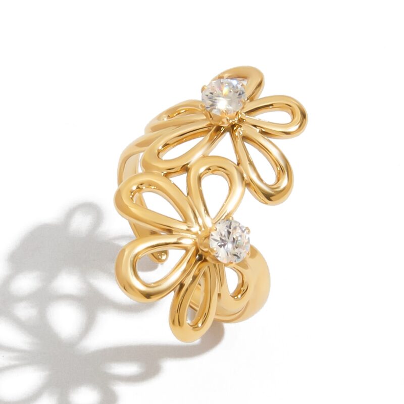 J&D Minimalist Stainless Steel Hollow-Out Floral Geometric Open Ring White Zircon Hypoallergenic Stackable EverydayJewelry - Image 2