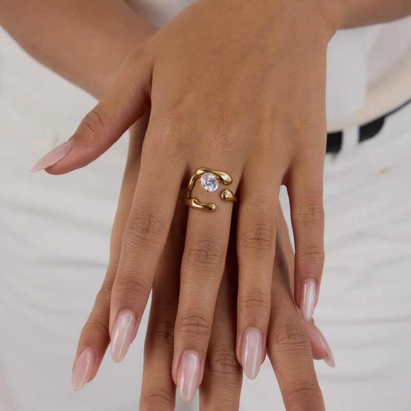 J&D Minimalist Stainless Steel Hollow-Out Floral Geometric Open Ring White Zircon Hypoallergenic Stackable EverydayJewelry - Image 5