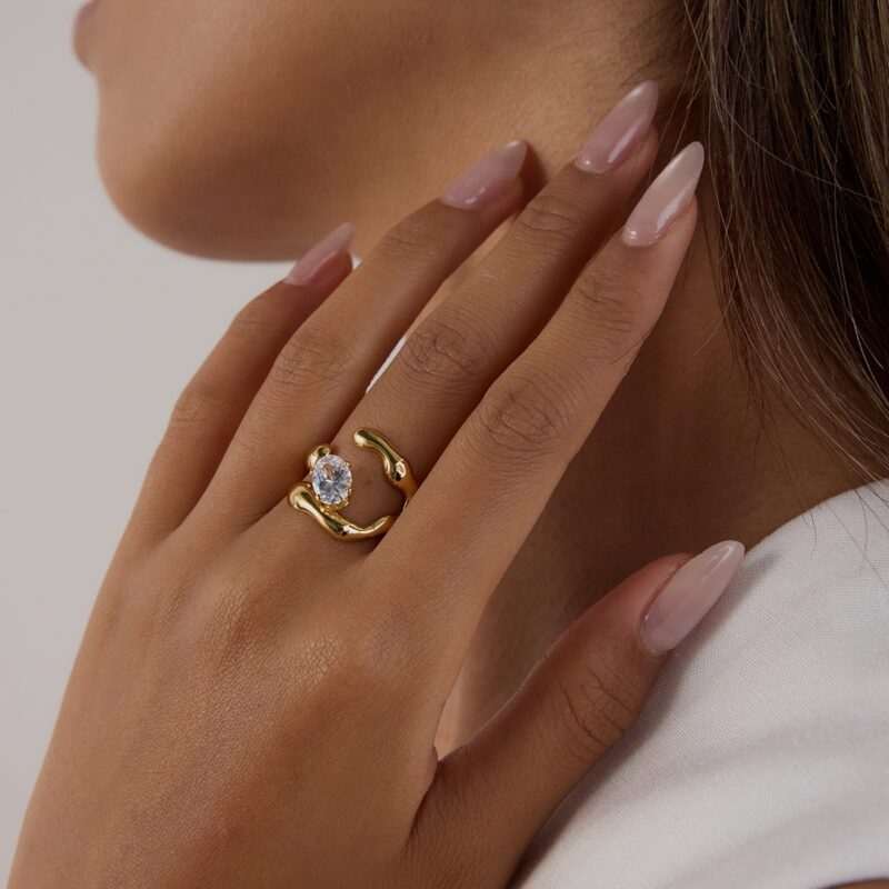 J&D Minimalist Stainless Steel Hollow-Out Floral Geometric Open Ring White Zircon Hypoallergenic Stackable EverydayJewelry - Image 4