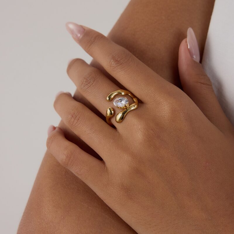 J&D Minimalist Stainless Steel Hollow-Out Floral Geometric Open Ring White Zircon Hypoallergenic Stackable EverydayJewelry - Image 3