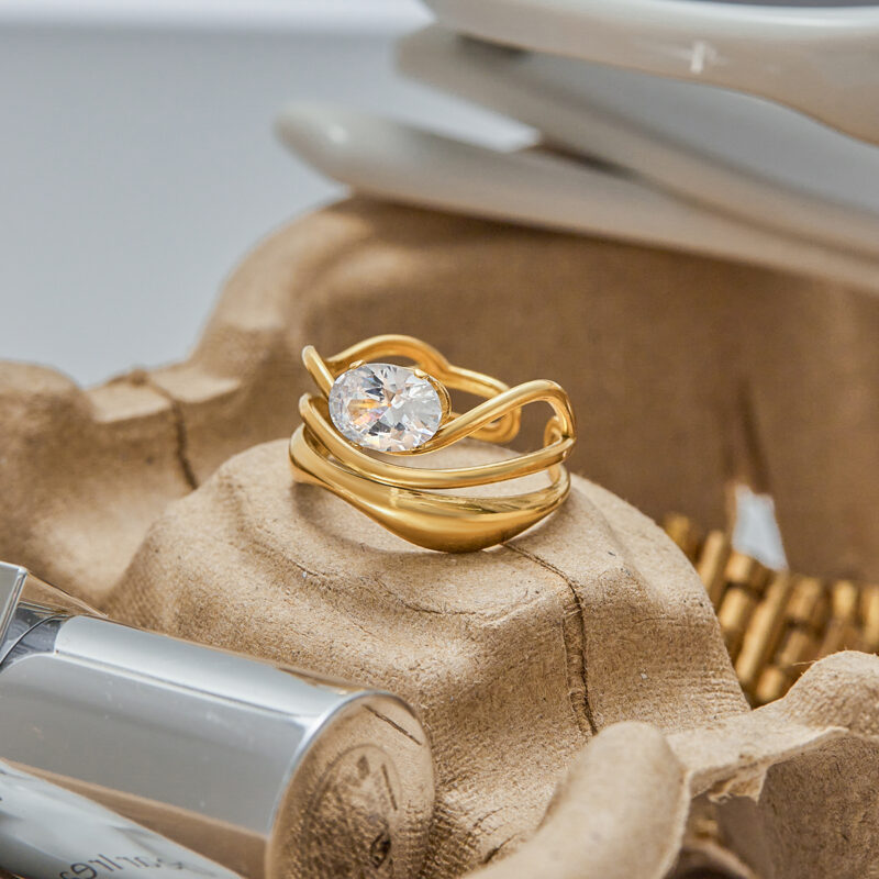 Modern Minimalist Women's 18K Gold Triple Layer Hollow Zircon Geometric Ring - Image 3