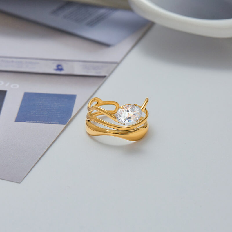 Modern Minimalist Women's 18K Gold Triple Layer Hollow Zircon Geometric Ring - Image 2