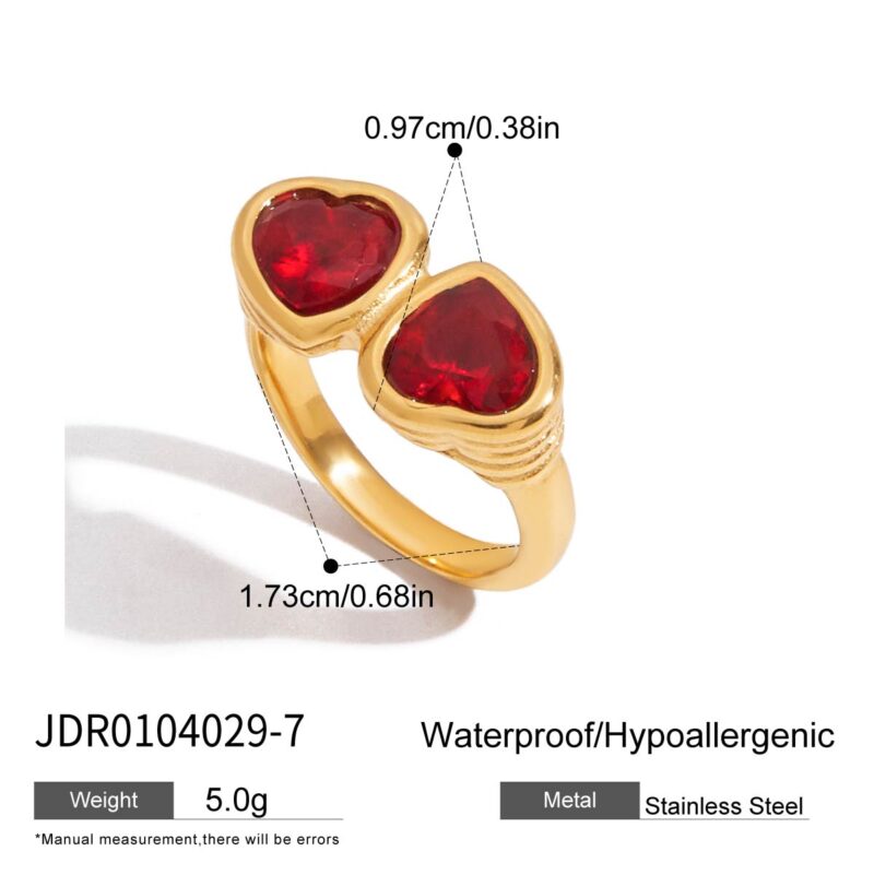 Vintage Women's 18K Gold Stainless Steel Deep Red Heart Zircon Ring - Image 6