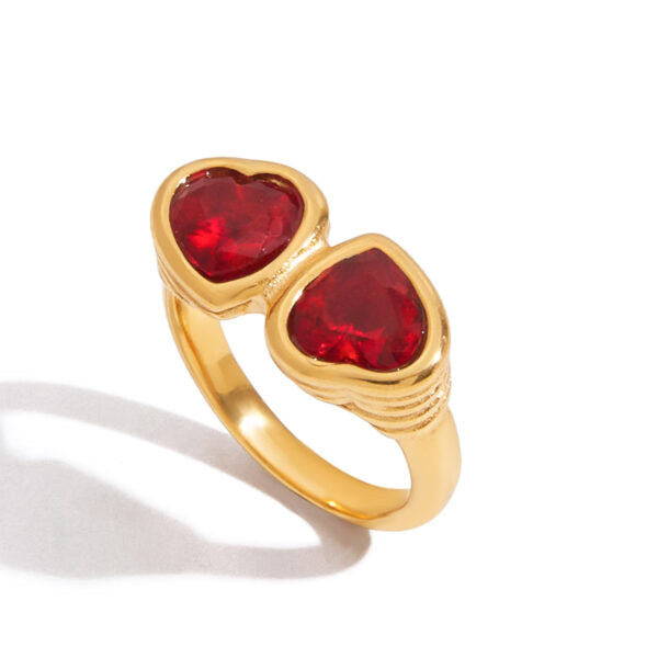 Vintage Women's 18K Gold Stainless Steel Deep Red Heart Zircon Ring