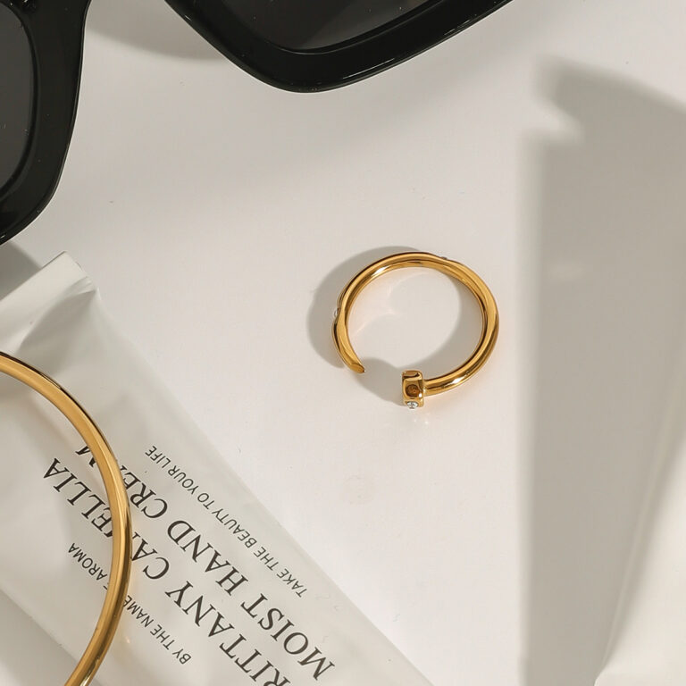 Unisex Minimalist 18K Gold Stainless Steel Diamond Nail Open Ring - Image 2